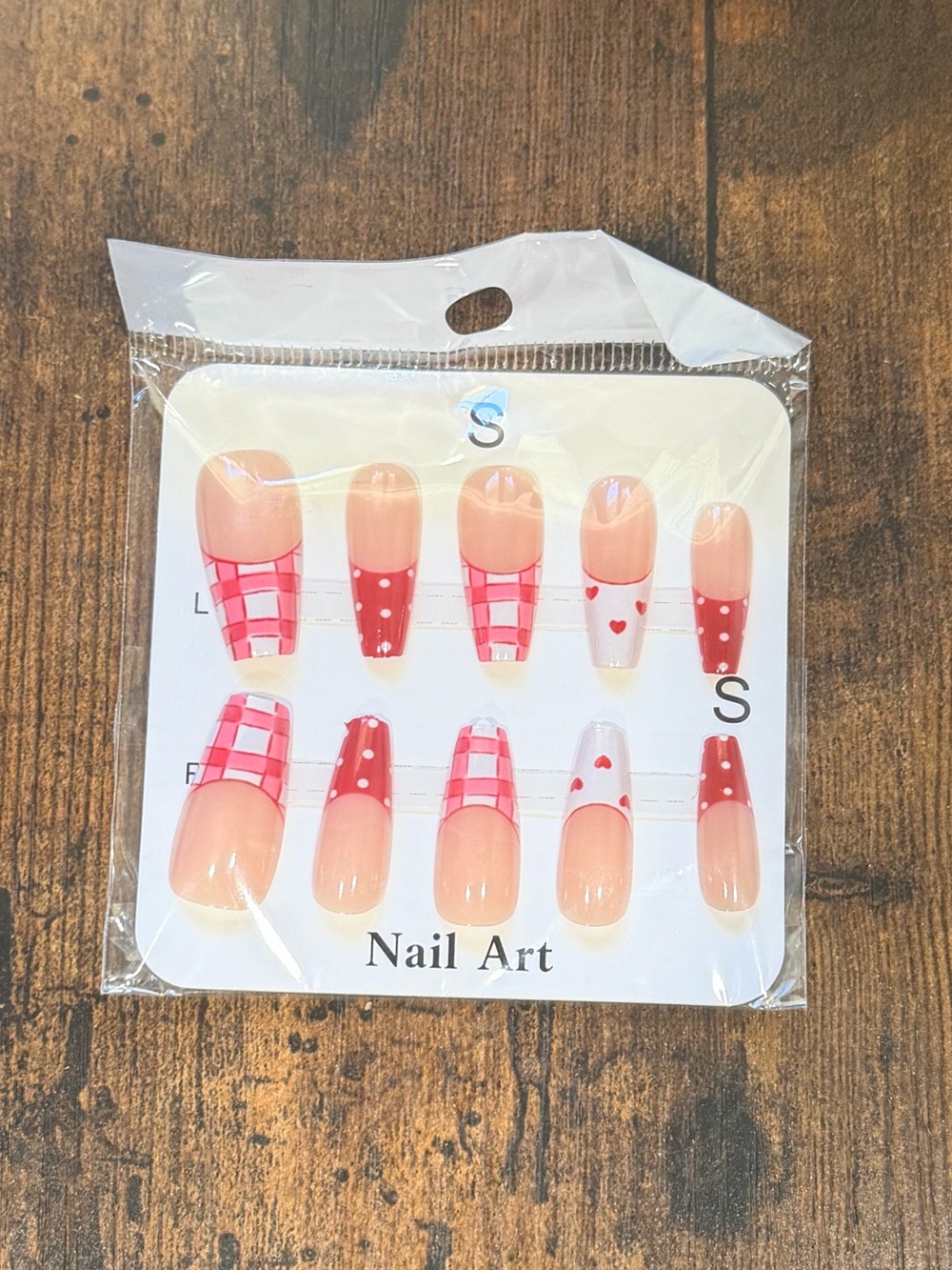 Nail Art Press-On Nails - Pink & Red Heart & Plaid Set